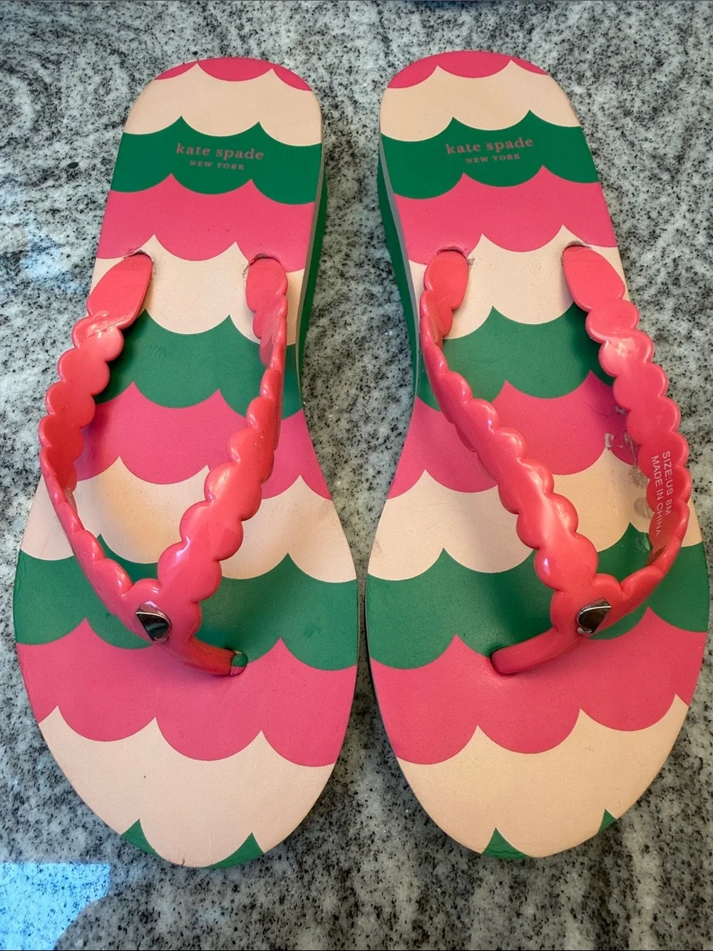 kate spade Pink, Coral & Green Scallop Strap Flip Flops